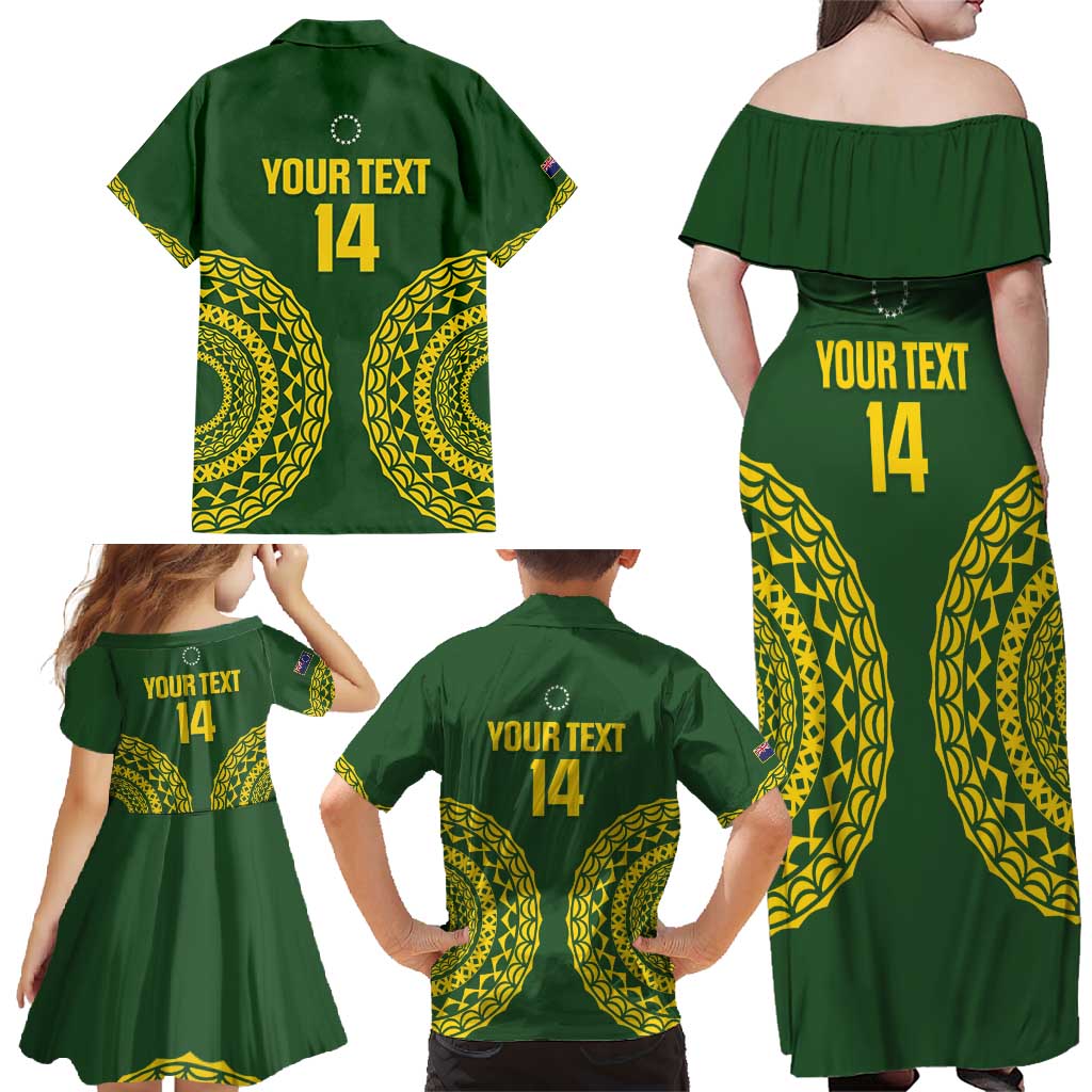 Custom Avaiki Cook Islands Rugby Family Matching Off Shoulder Maxi Dress and Hawaiian Shirt Kuki Airani Tatau Green - Polynesian Pride