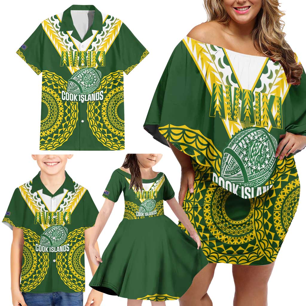 Custom Avaiki Cook Islands Rugby Family Matching Off Shoulder Short Dress and Hawaiian Shirt Kuki Airani Tatau Green - Polynesian Pride