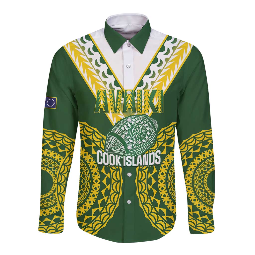 Custom Avaiki Cook Islands Rugby Long Sleeve Button Shirt Kuki Airani Tatau Green - Polynesian Pride