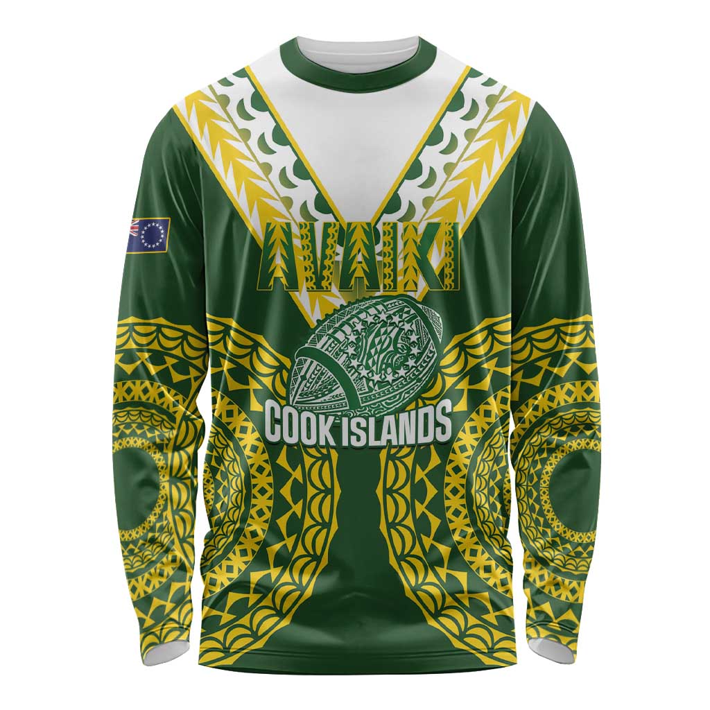 Custom Avaiki Cook Islands Rugby Long Sleeve Shirt Kuki Airani Tatau Green - Polynesian Pride