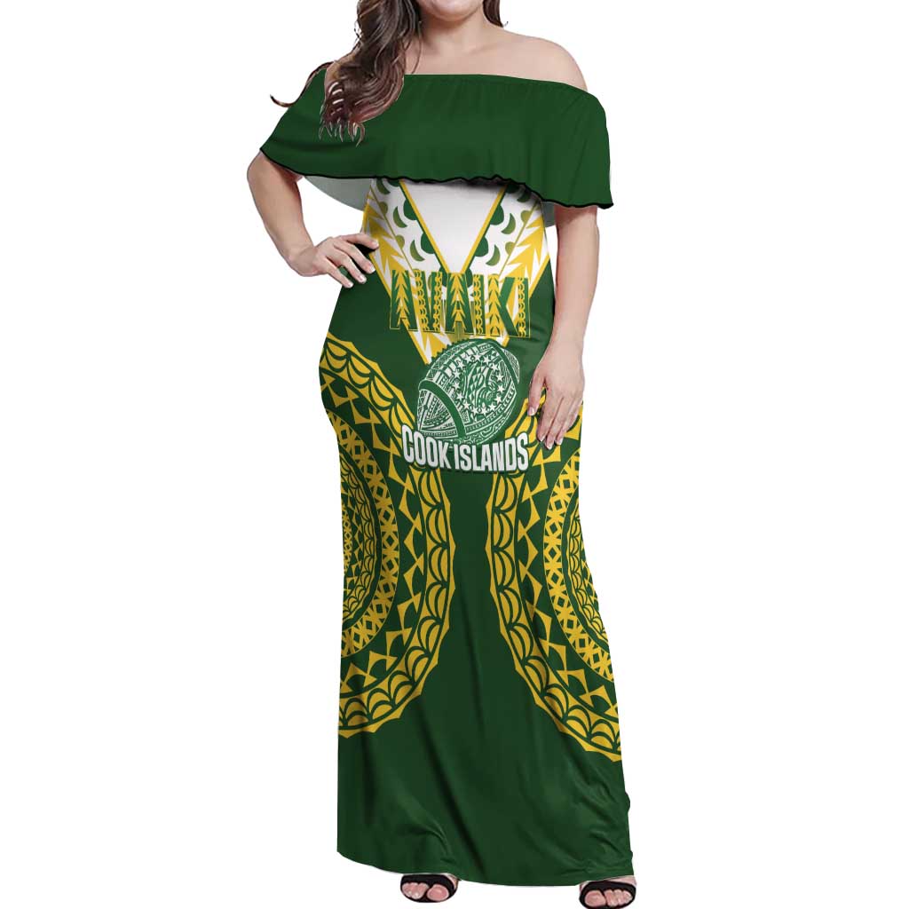 Custom Avaiki Cook Islands Rugby Off Shoulder Maxi Dress Kuki Airani Tatau Green - Polynesian Pride