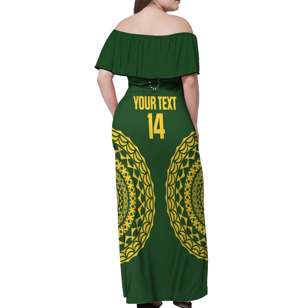 Custom Avaiki Cook Islands Rugby Off Shoulder Maxi Dress Kuki Airani Tatau Green - Polynesian Pride