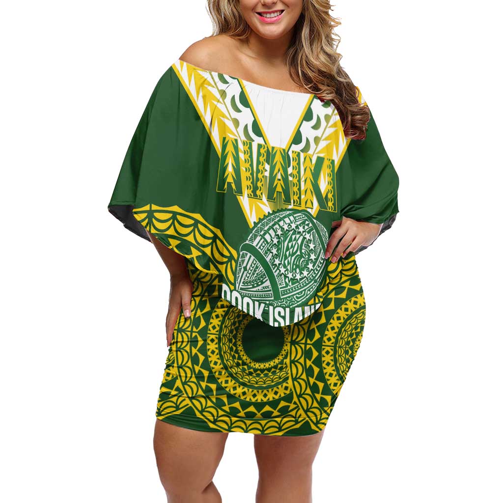 Custom Avaiki Cook Islands Rugby Off Shoulder Short Dress Kuki Airani Tatau Green - Polynesian Pride