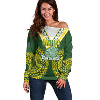 Custom Avaiki Cook Islands Rugby Off Shoulder Sweater Kuki Airani Tatau Green - Polynesian Pride