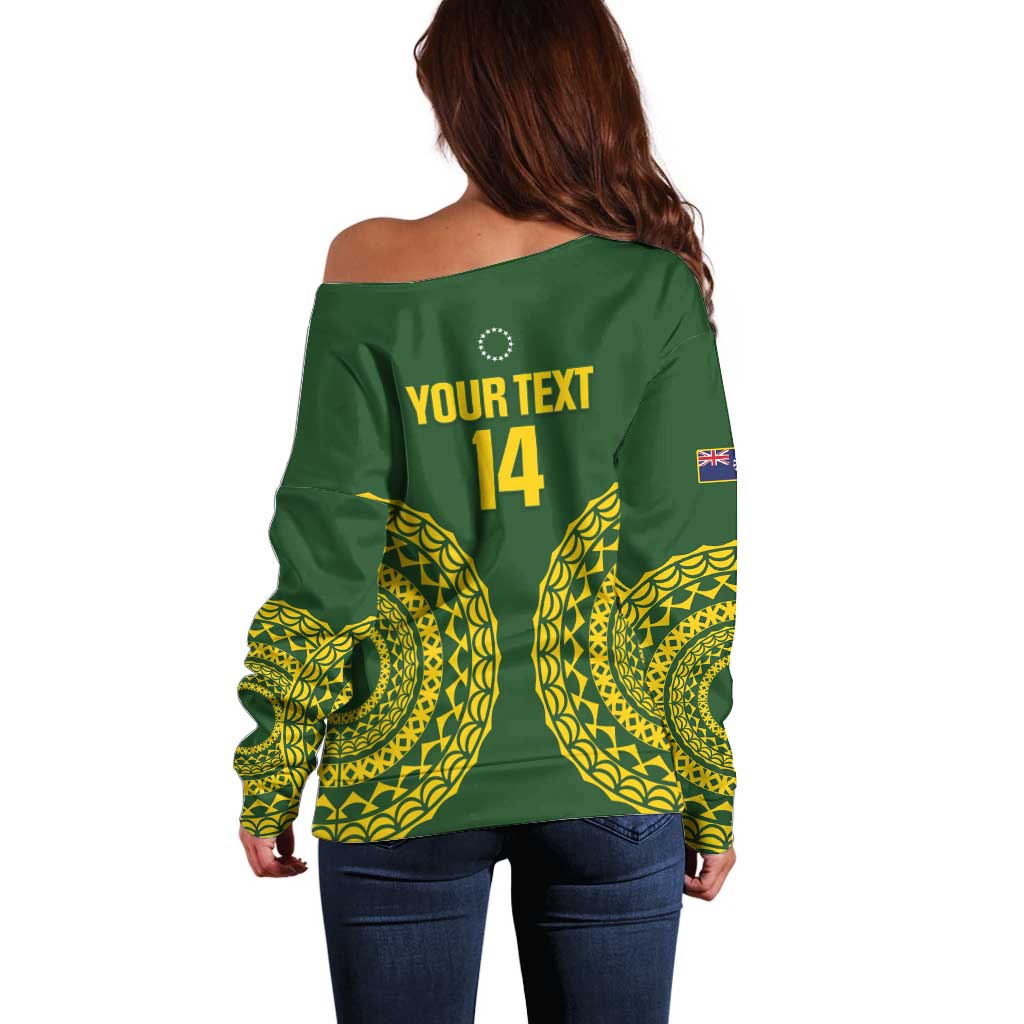 Custom Avaiki Cook Islands Rugby Off Shoulder Sweater Kuki Airani Tatau Green - Polynesian Pride