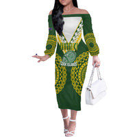 Custom Avaiki Cook Islands Rugby Off The Shoulder Long Sleeve Dress Kuki Airani Tatau Green - Polynesian Pride