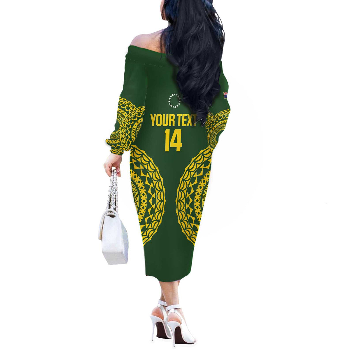 Custom Avaiki Cook Islands Rugby Off The Shoulder Long Sleeve Dress Kuki Airani Tatau Green - Polynesian Pride