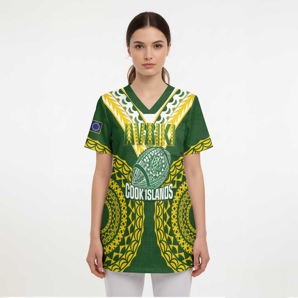 Custom Avaiki Cook Islands Rugby Scrub Top Kuki Airani Tatau Green - Polynesian Pride