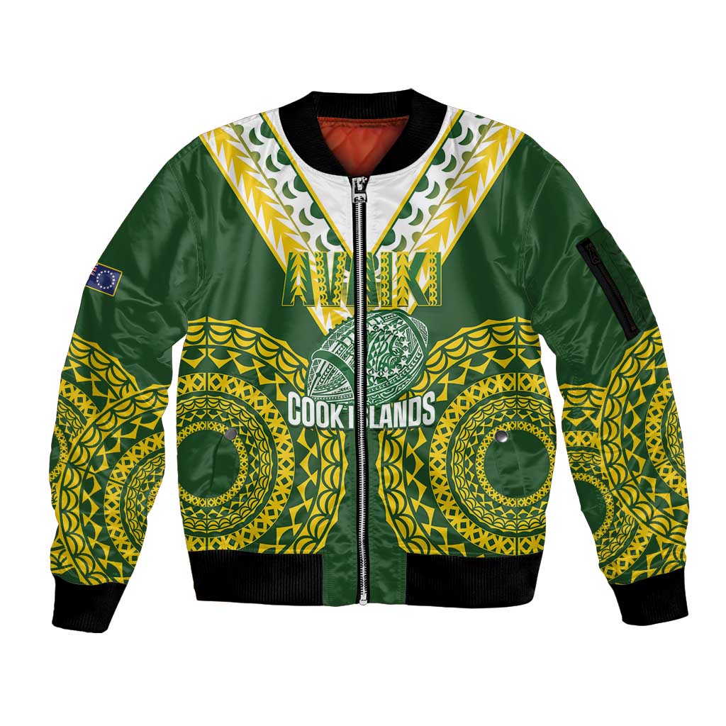 Custom Avaiki Cook Islands Rugby Sleeve Zip Bomber Jacket Kuki Airani Tatau Green - Polynesian Pride