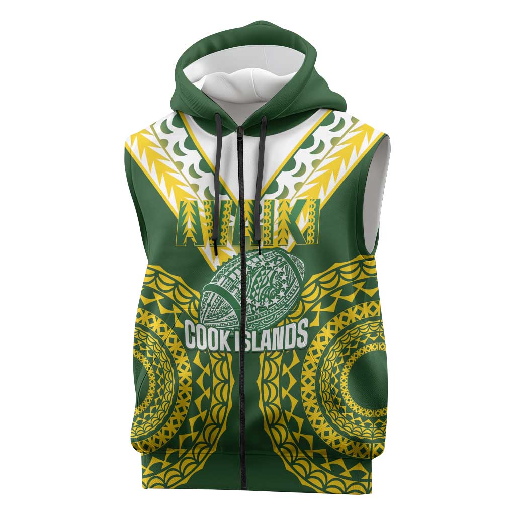 Custom Avaiki Cook Islands Rugby Sleeveless Zip Hoodie Kuki Airani Tatau Green - Polynesian Pride