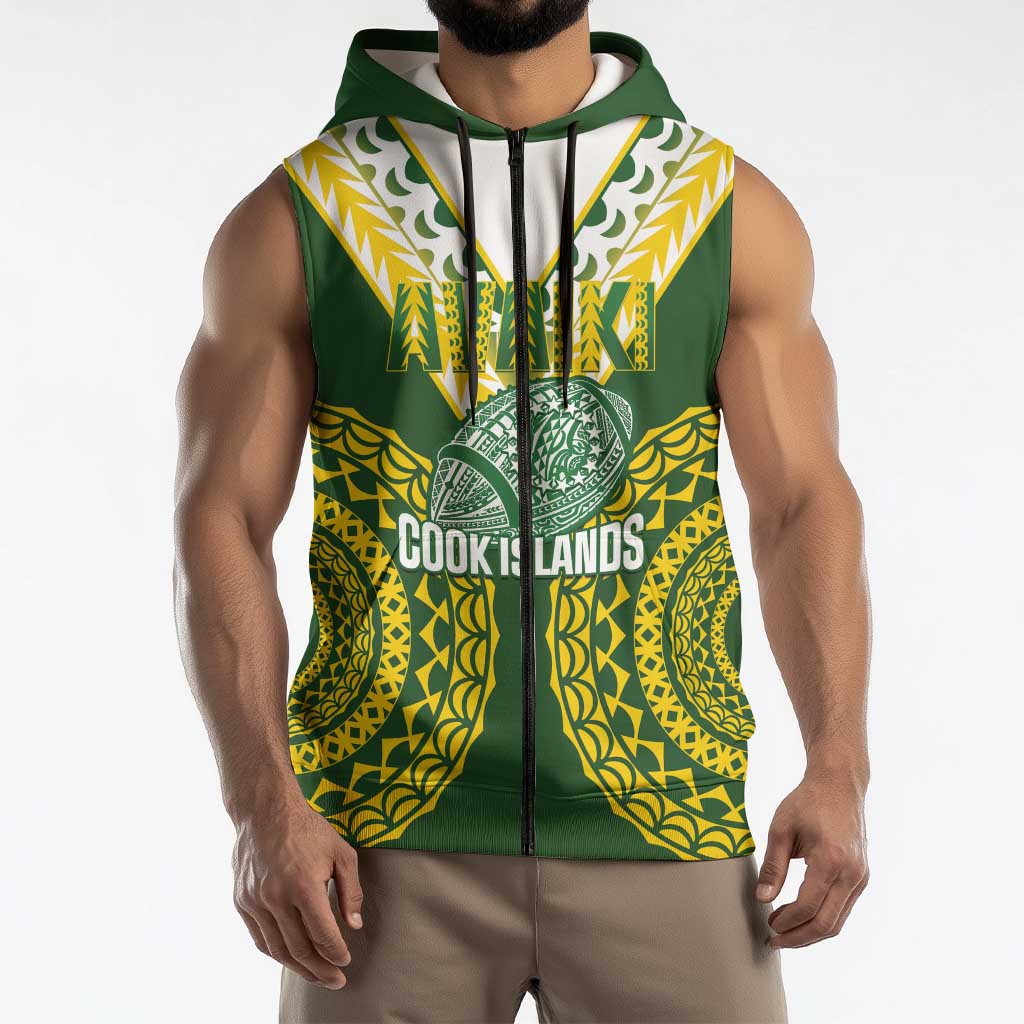 Custom Avaiki Cook Islands Rugby Sleeveless Zip Hoodie Kuki Airani Tatau Green - Polynesian Pride