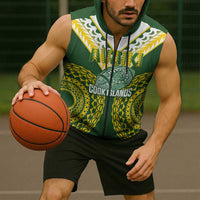 Custom Avaiki Cook Islands Rugby Sleeveless Zip Hoodie Kuki Airani Tatau Green - Polynesian Pride