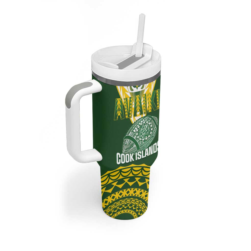 Custom Avaiki Cook Islands Rugby Tumbler With Handle Kuki Airani Tatau Green - Polynesian Pride