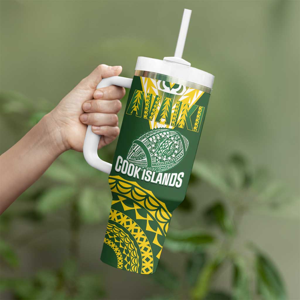 Custom Avaiki Cook Islands Rugby Tumbler With Handle Kuki Airani Tatau Green - Polynesian Pride