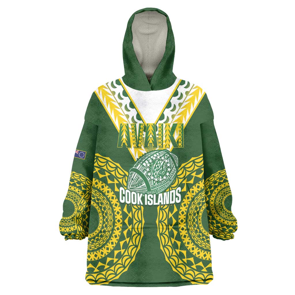 Custom Avaiki Cook Islands Rugby Wearable Blanket Hoodie Kuki Airani Tatau Green - Polynesian Pride