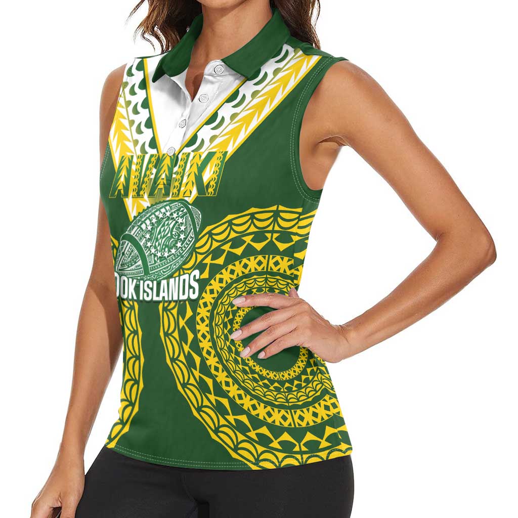 Custom Avaiki Cook Islands Rugby Women Sleeveless Polo Shirt Kuki Airani Tatau Green - Polynesian Pride