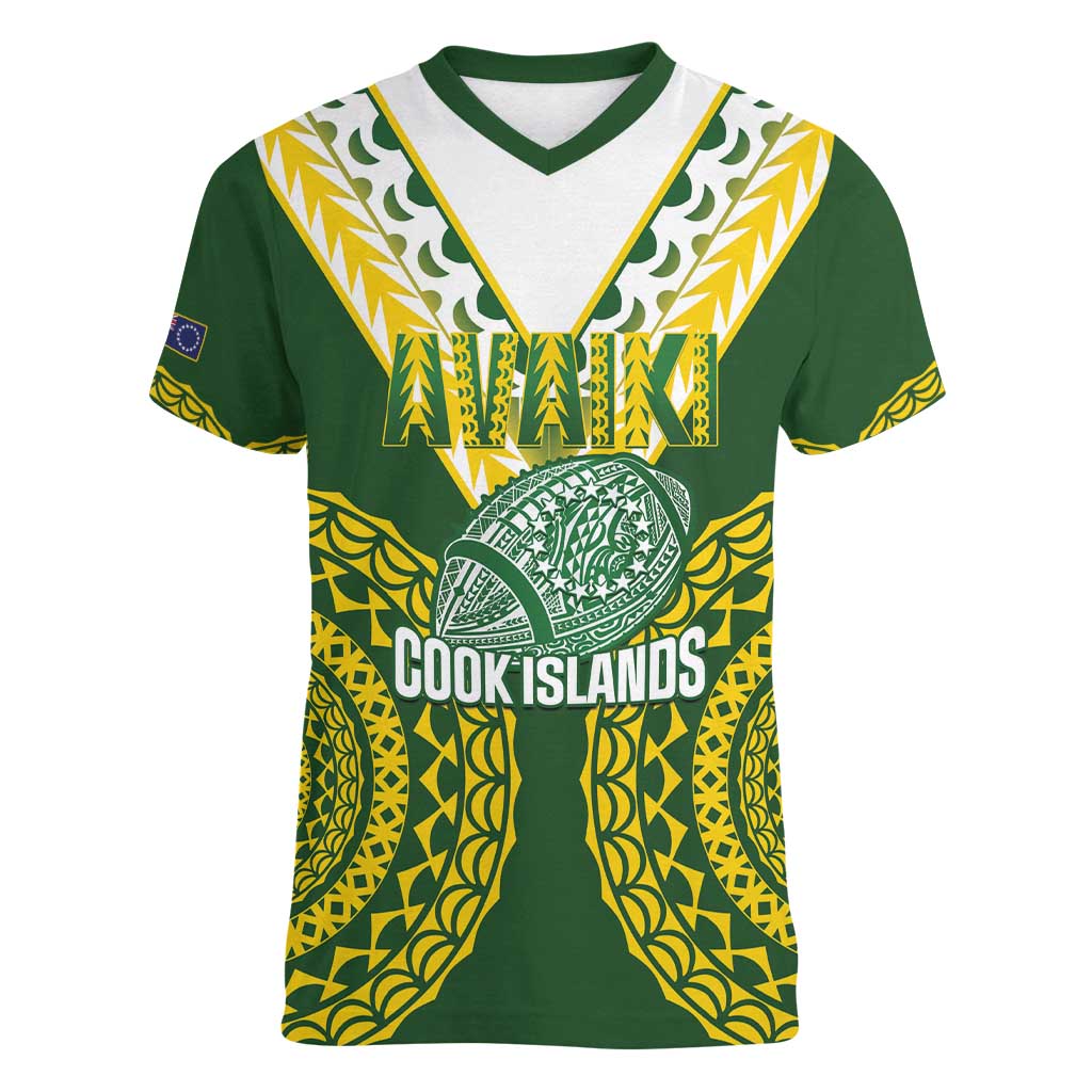Custom Avaiki Cook Islands Rugby Women V-Neck T-Shirt Kuki Airani Tatau Green - Polynesian Pride