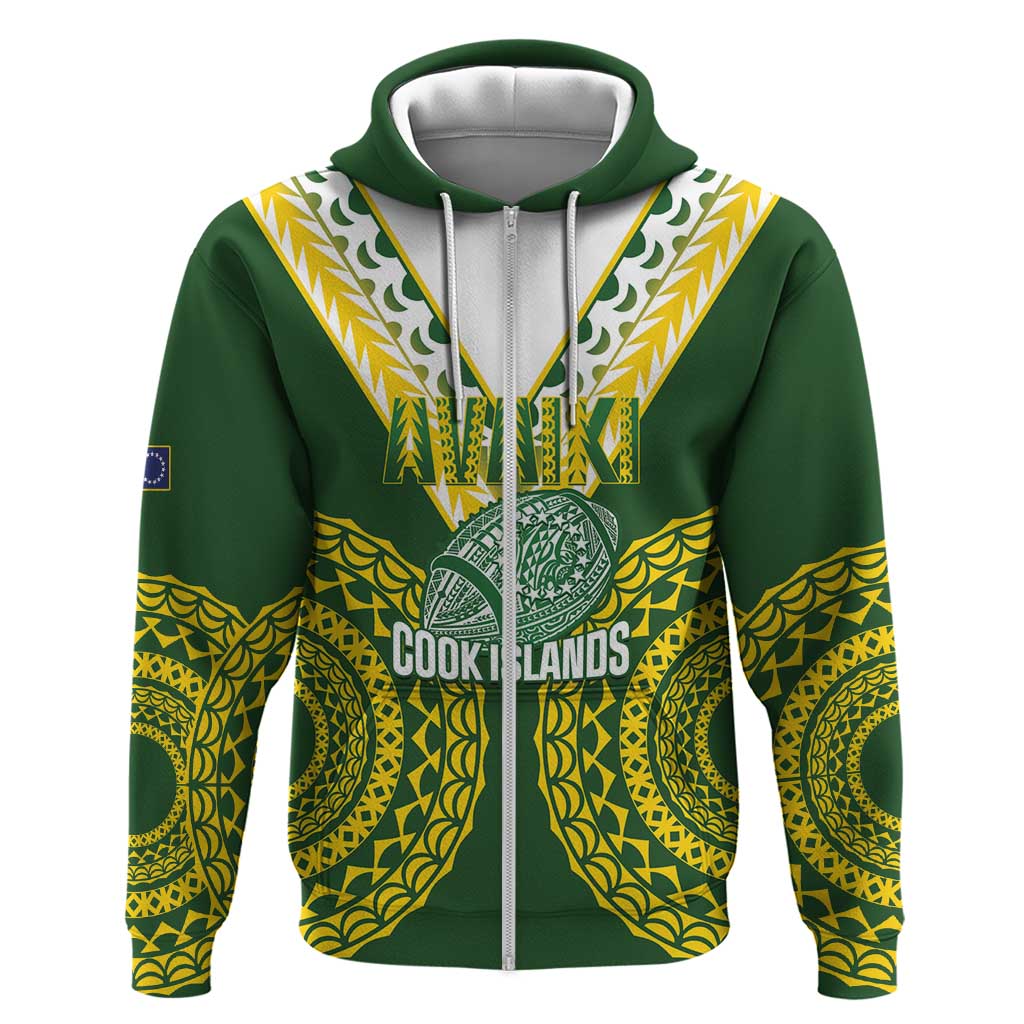 Custom Avaiki Cook Islands Rugby Zip Hoodie Kuki Airani Tatau Green - Polynesian Pride