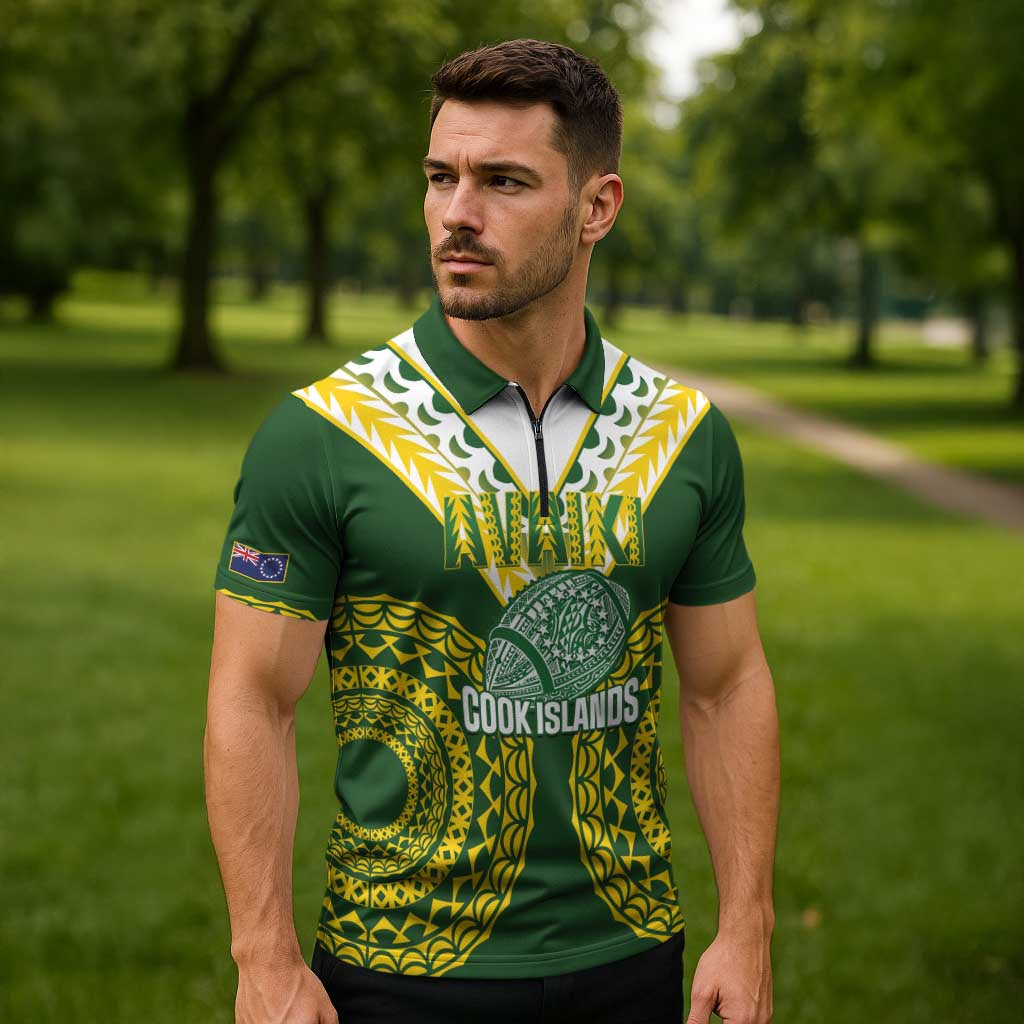 Custom Avaiki Cook Islands Rugby Zipper Polo Shirt Kuki Airani Tatau Green - Polynesian Pride