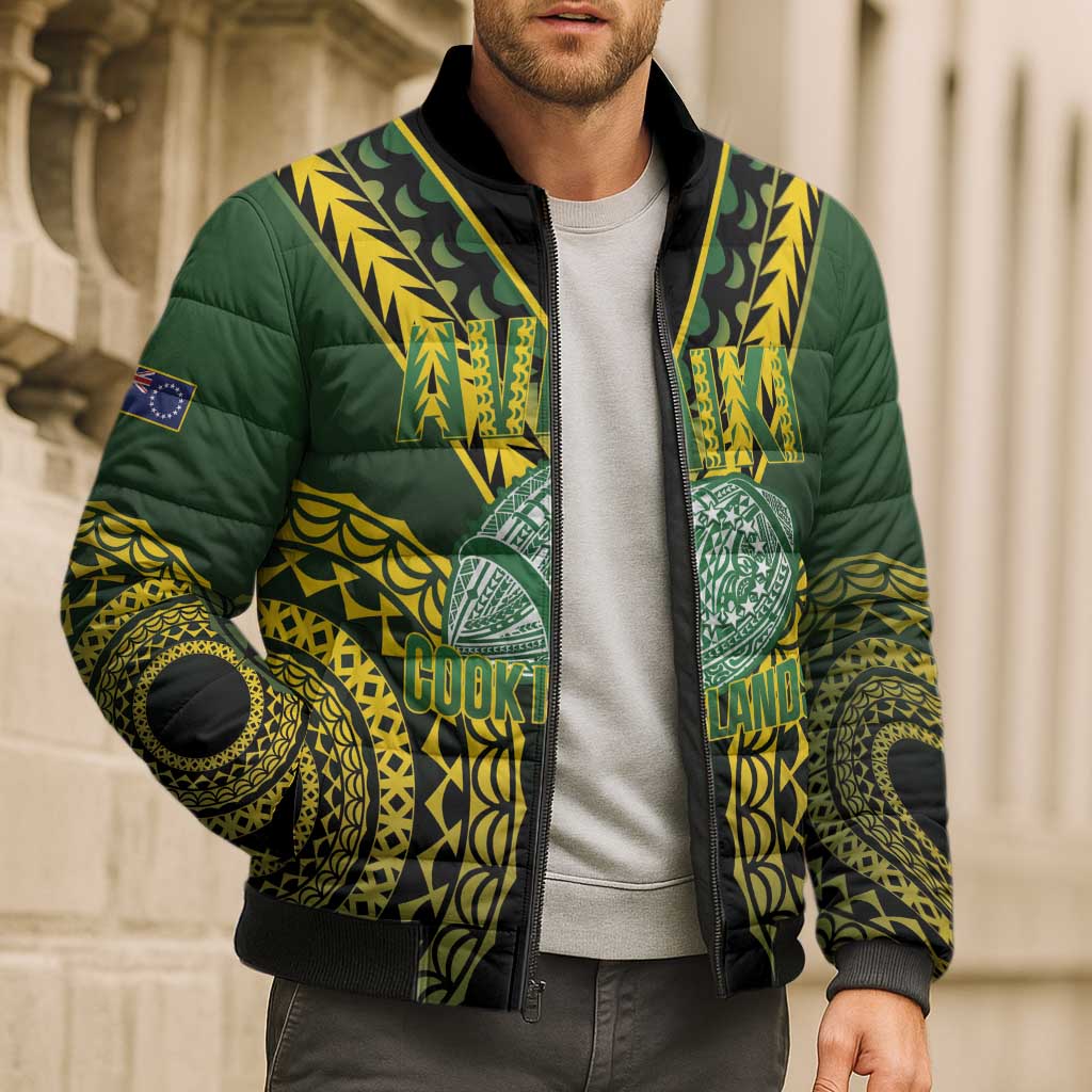 Custom Avaiki Cook Islands Rugby Bomber Puffer Jacket Kuki Airani Tatau Black - Polynesian Pride