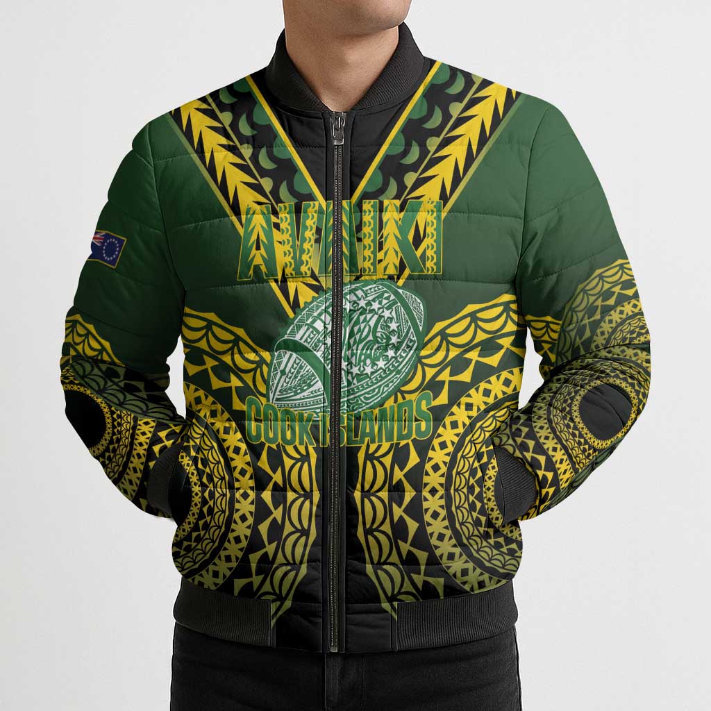 Custom Avaiki Cook Islands Rugby Bomber Puffer Jacket Kuki Airani Tatau Black - Polynesian Pride