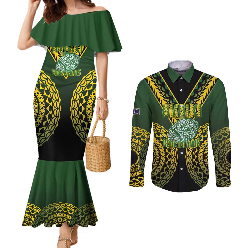 Personalized Cook Islands Couples Matching Long Sleeve Bodycon Dress and Long Sleeve Button Shirts Coat Of Arms Plumeria Polynesian Turtle LT05