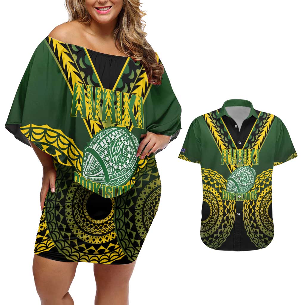 Custom Avaiki Cook Islands Rugby Couples Matching Off Shoulder Short Dress and Hawaiian Shirt Kuki Airani Tatau Black - Polynesian Pride