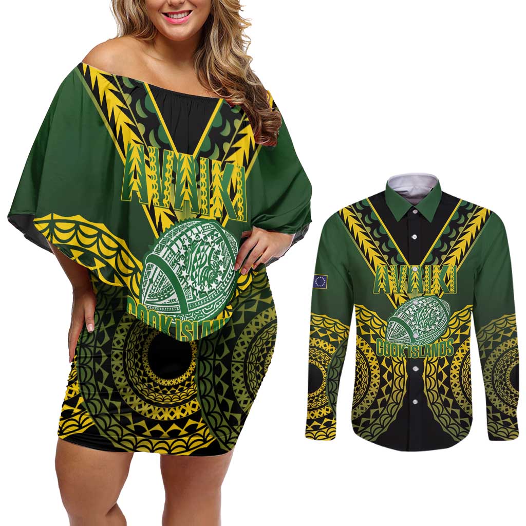 Custom Avaiki Cook Islands Rugby Couples Matching Off Shoulder Short Dress and Long Sleeve Button Shirt Kuki Airani Tatau Black - Polynesian Pride