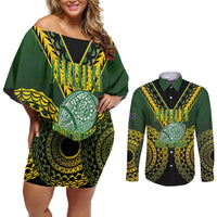 Custom Avaiki Cook Islands Rugby Couples Matching Off Shoulder Short Dress and Long Sleeve Button Shirt Kuki Airani Tatau Black - Polynesian Pride