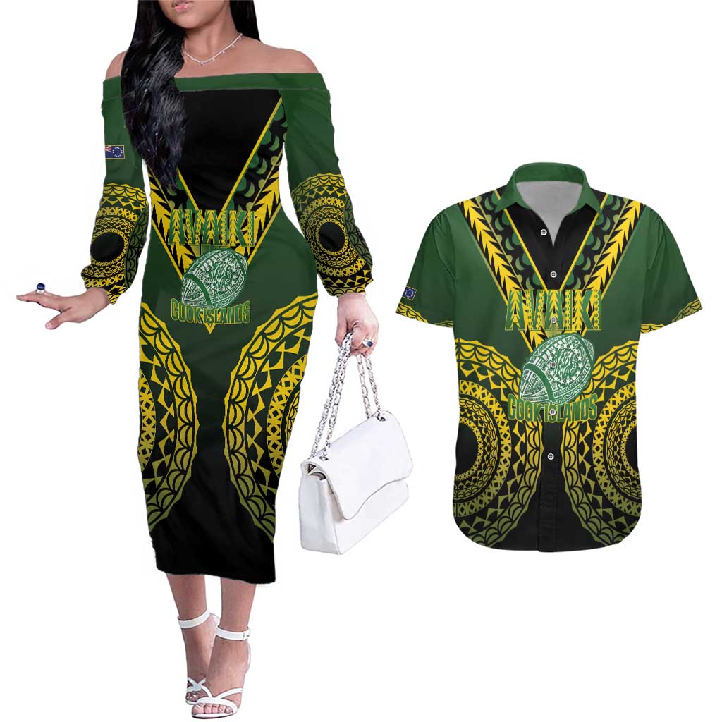 Custom Avaiki Cook Islands Rugby Couples Matching Off The Shoulder Long Sleeve Dress and Hawaiian Shirt Kuki Airani Tatau Black - Polynesian Pride