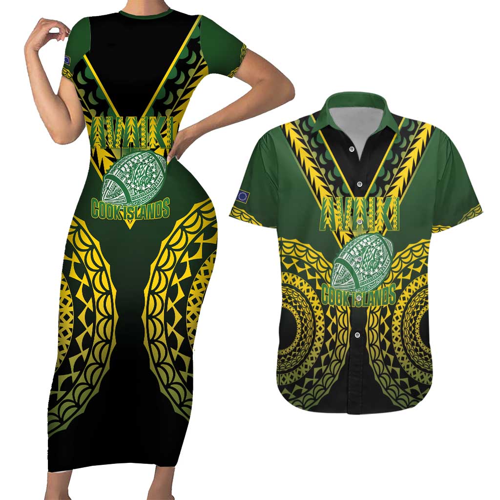 Custom Avaiki Cook Islands Rugby Couples Matching Short Sleeve Bodycon Dress and Hawaiian Shirt Kuki Airani Tatau Black - Polynesian Pride