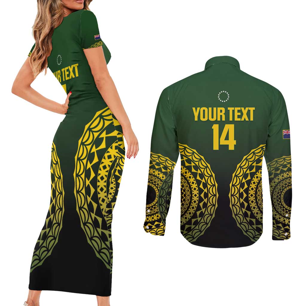 Custom Avaiki Cook Islands Rugby Couples Matching Short Sleeve Bodycon Dress and Long Sleeve Button Shirt Kuki Airani Tatau Black - Polynesian Pride