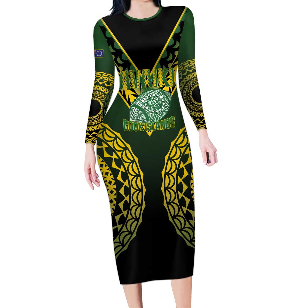Custom Avaiki Cook Islands Rugby Family Matching Long Sleeve Bodycon Dress and Hawaiian Shirt Kuki Airani Tatau Black LT14 Mom's Dress Black - Polynesian Pride