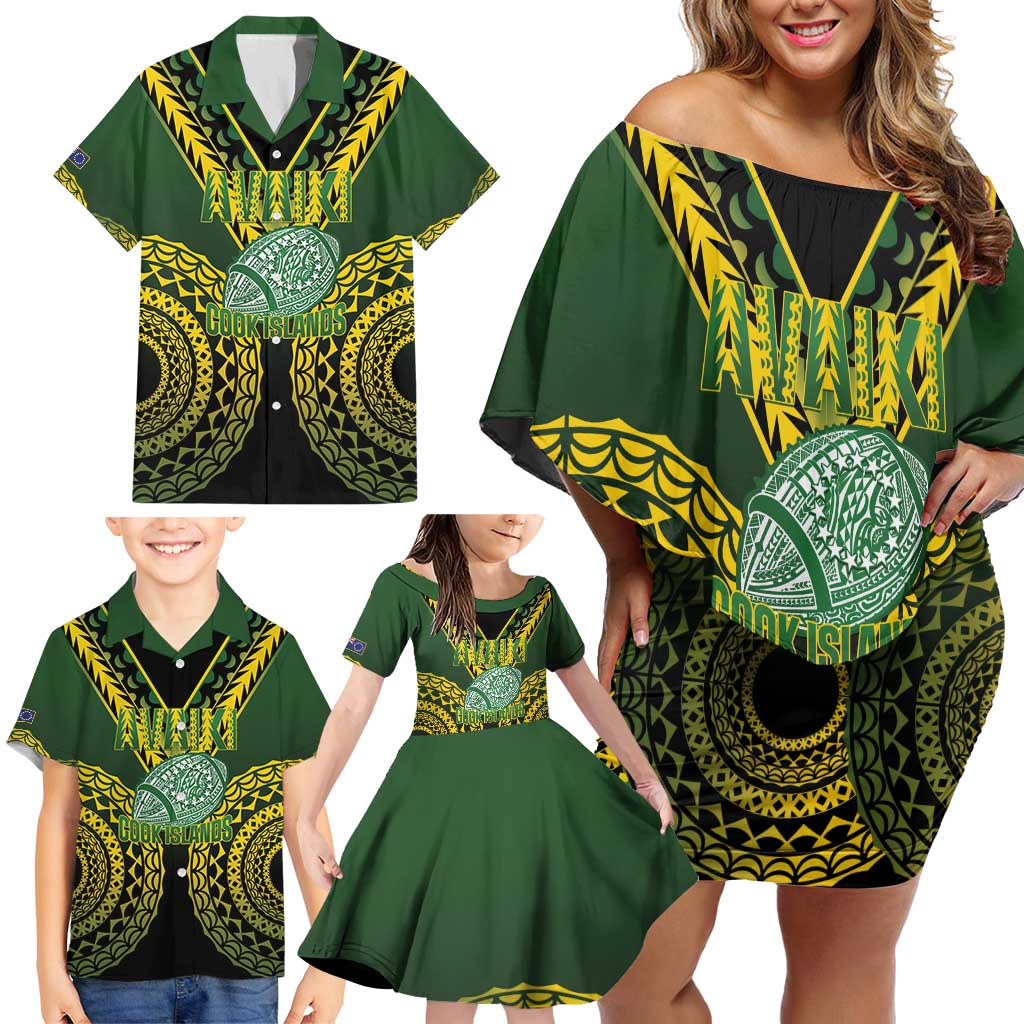 Custom Avaiki Cook Islands Rugby Family Matching Off Shoulder Short Dress and Hawaiian Shirt Kuki Airani Tatau Black - Polynesian Pride