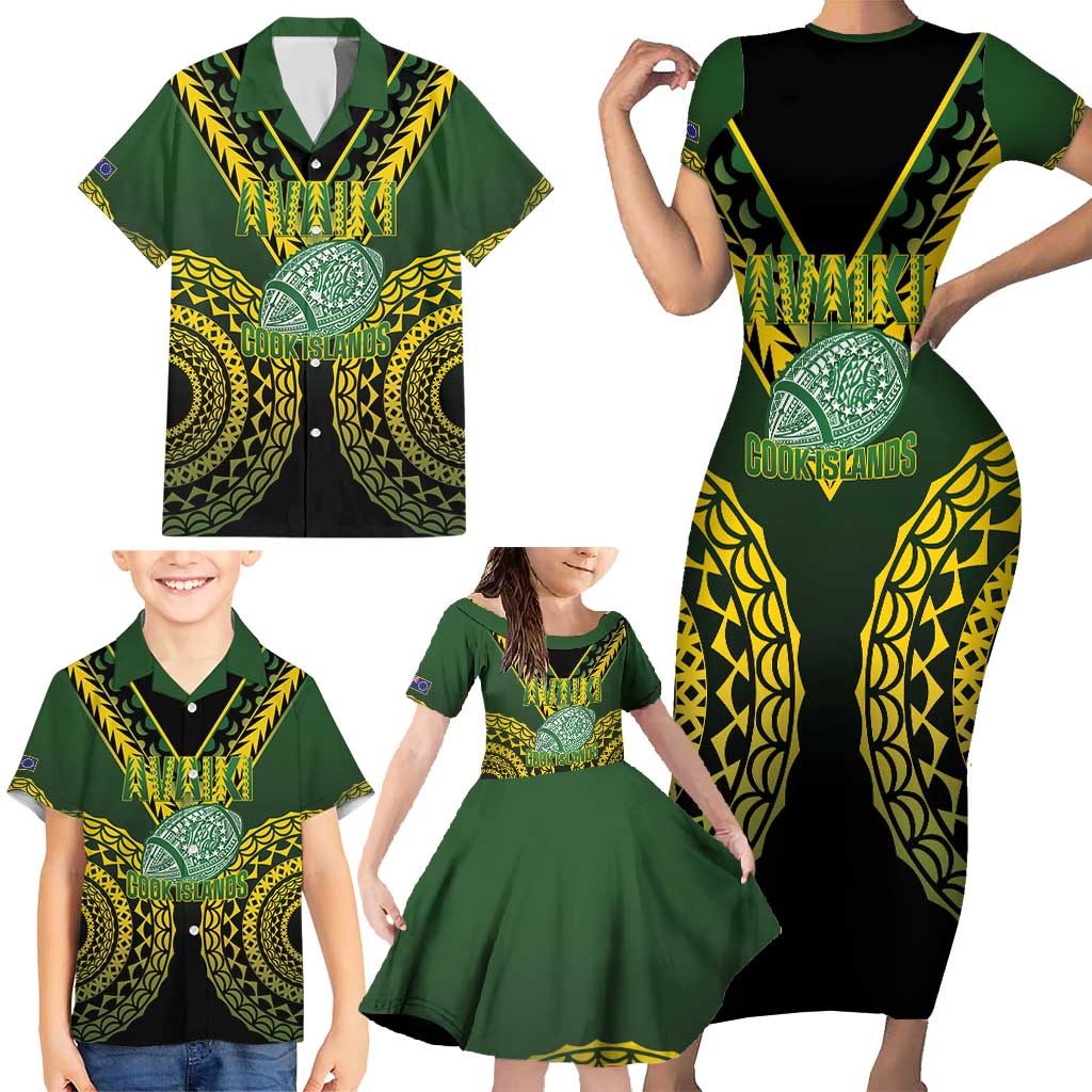 Custom Avaiki Cook Islands Rugby Family Matching Short Sleeve Bodycon Dress and Hawaiian Shirt Kuki Airani Tatau Black - Polynesian Pride