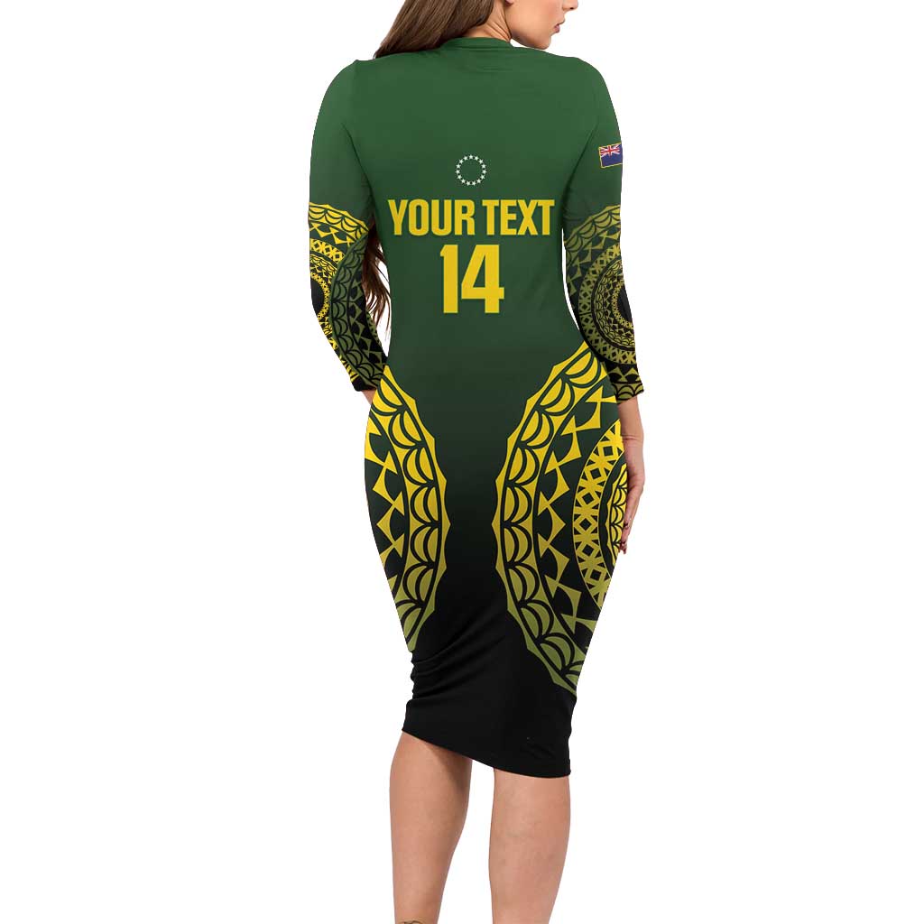 Custom Avaiki Cook Islands Rugby Long Sleeve Bodycon Dress Kuki Airani Tatau Black - Polynesian Pride