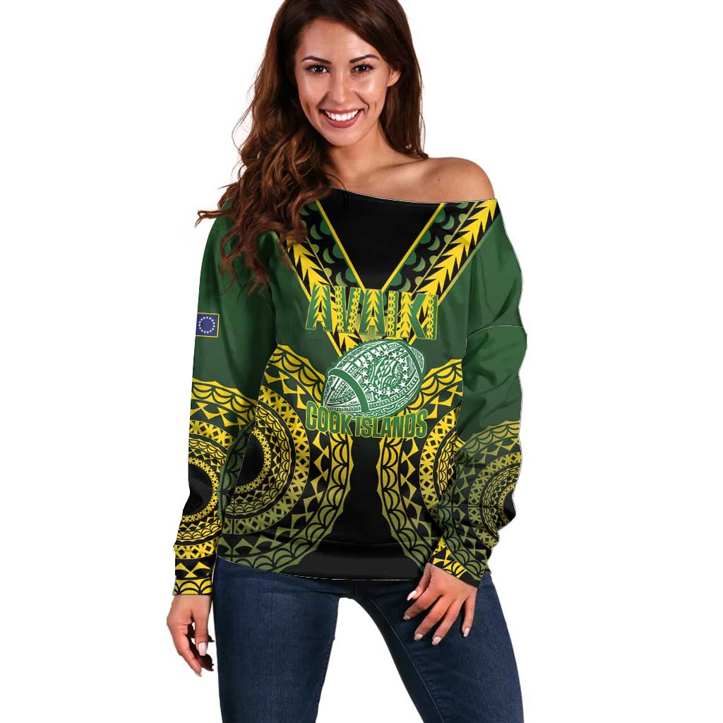 Custom Avaiki Cook Islands Rugby Off Shoulder Sweater Kuki Airani Tatau Black - Polynesian Pride