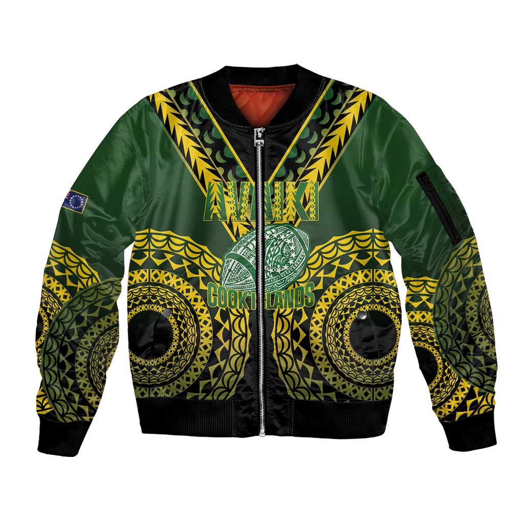 Custom Avaiki Cook Islands Rugby Sleeve Zip Bomber Jacket Kuki Airani Tatau Black - Polynesian Pride