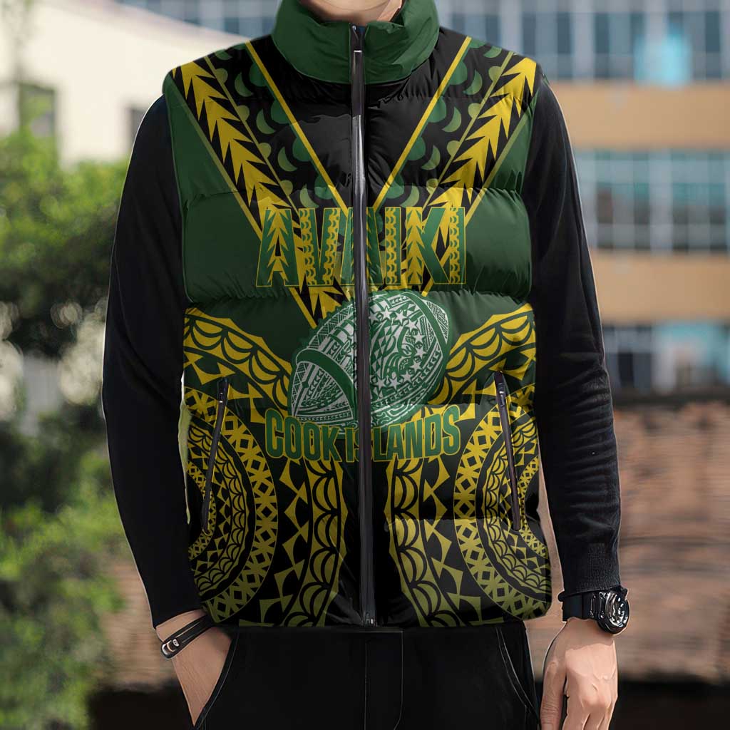 Custom Avaiki Cook Islands Rugby Sleeveless Puffer Jacket Kuki Airani Tatau Black - Polynesian Pride