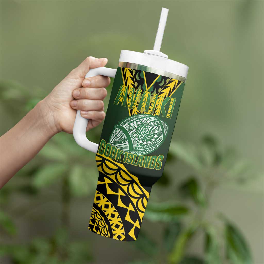 Custom Avaiki Cook Islands Rugby Tumbler With Handle Kuki Airani Tatau Black - Polynesian Pride