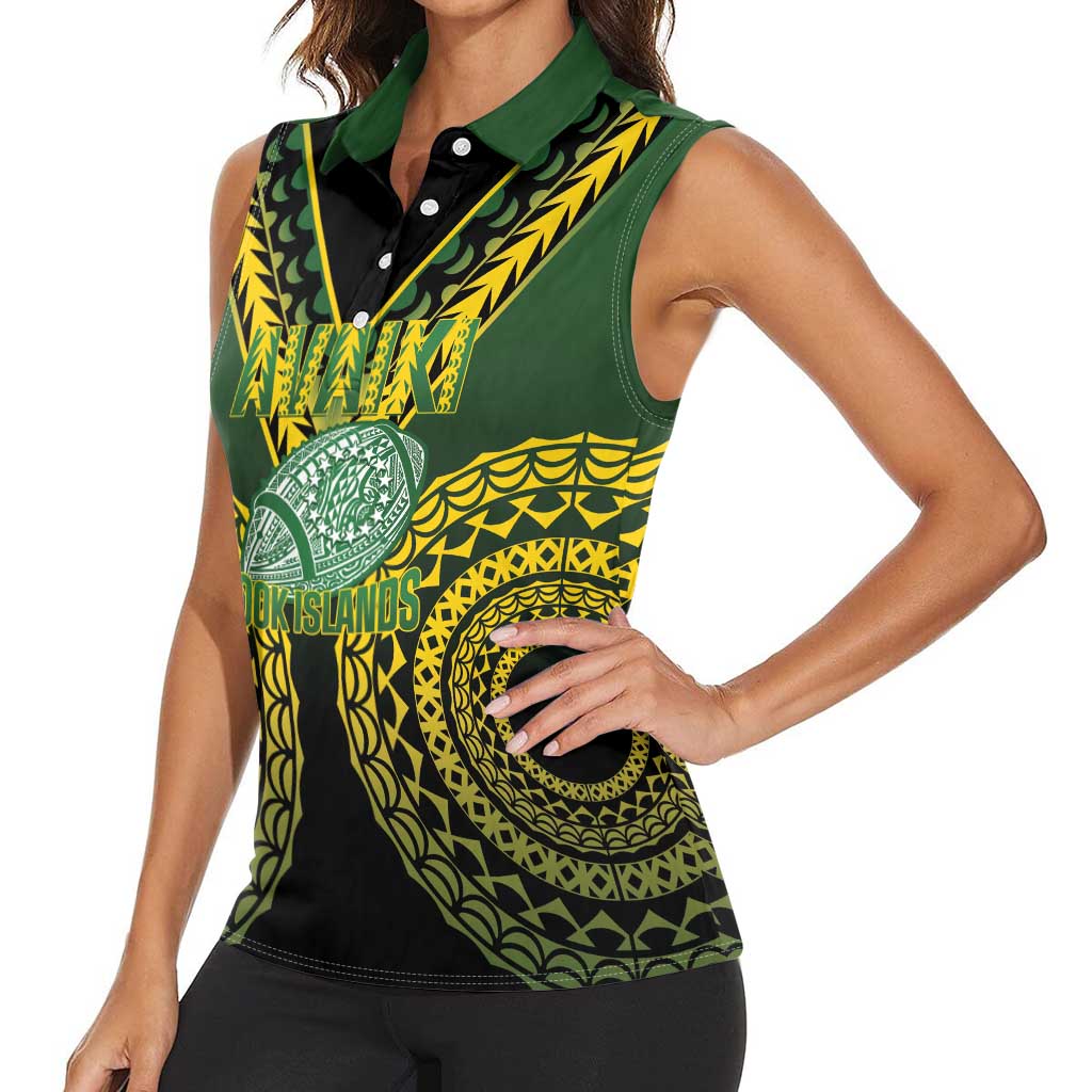 Custom Avaiki Cook Islands Rugby Women Sleeveless Polo Shirt Kuki Airani Tatau Black - Polynesian Pride