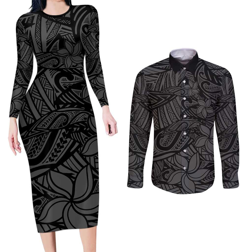 Polynesia Couples Matching Long Sleeve Bodycon Dress and Long Sleeve Button Shirt Polynesian Pattern Mix Plumeria Black LT14