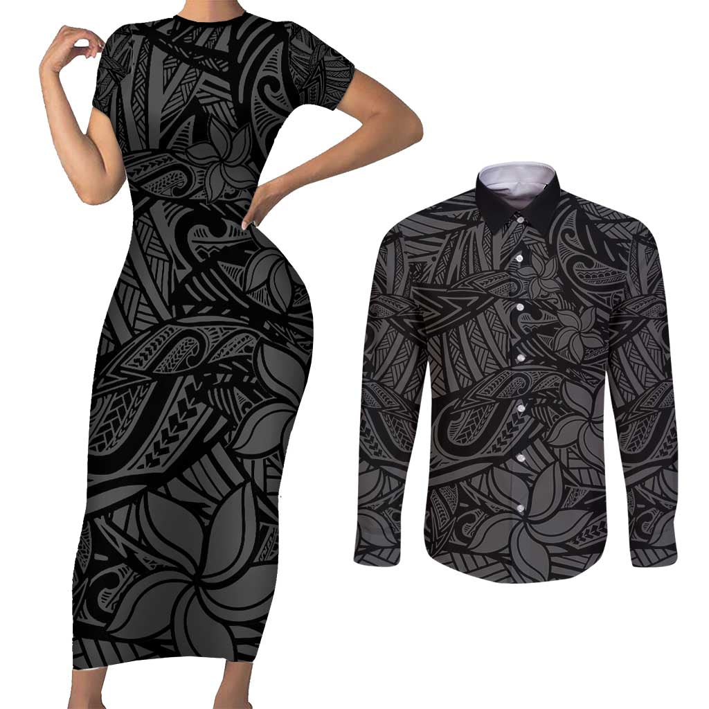 Polynesia Couples Matching Short Sleeve Bodycon Dress and Long Sleeve Button Shirt Polynesian Pattern Mix Plumeria Black LT14