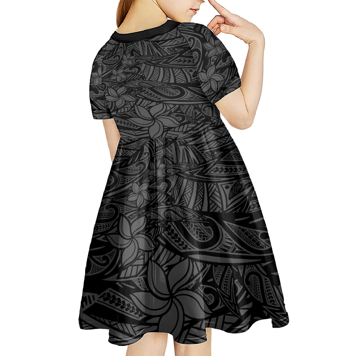 Polynesia Kid Short Sleeve Dress Polynesian Pattern Mix Plumeria Black LT14 - Polynesian Pride
