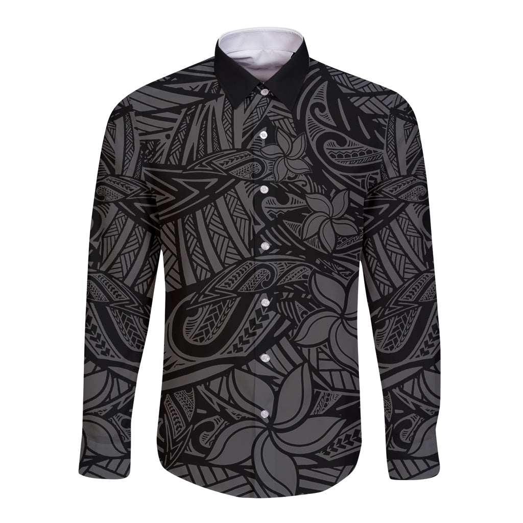 Polynesia Long Sleeve Button Shirt Polynesian Pattern Mix Plumeria Black LT14 Unisex Black - Polynesian Pride