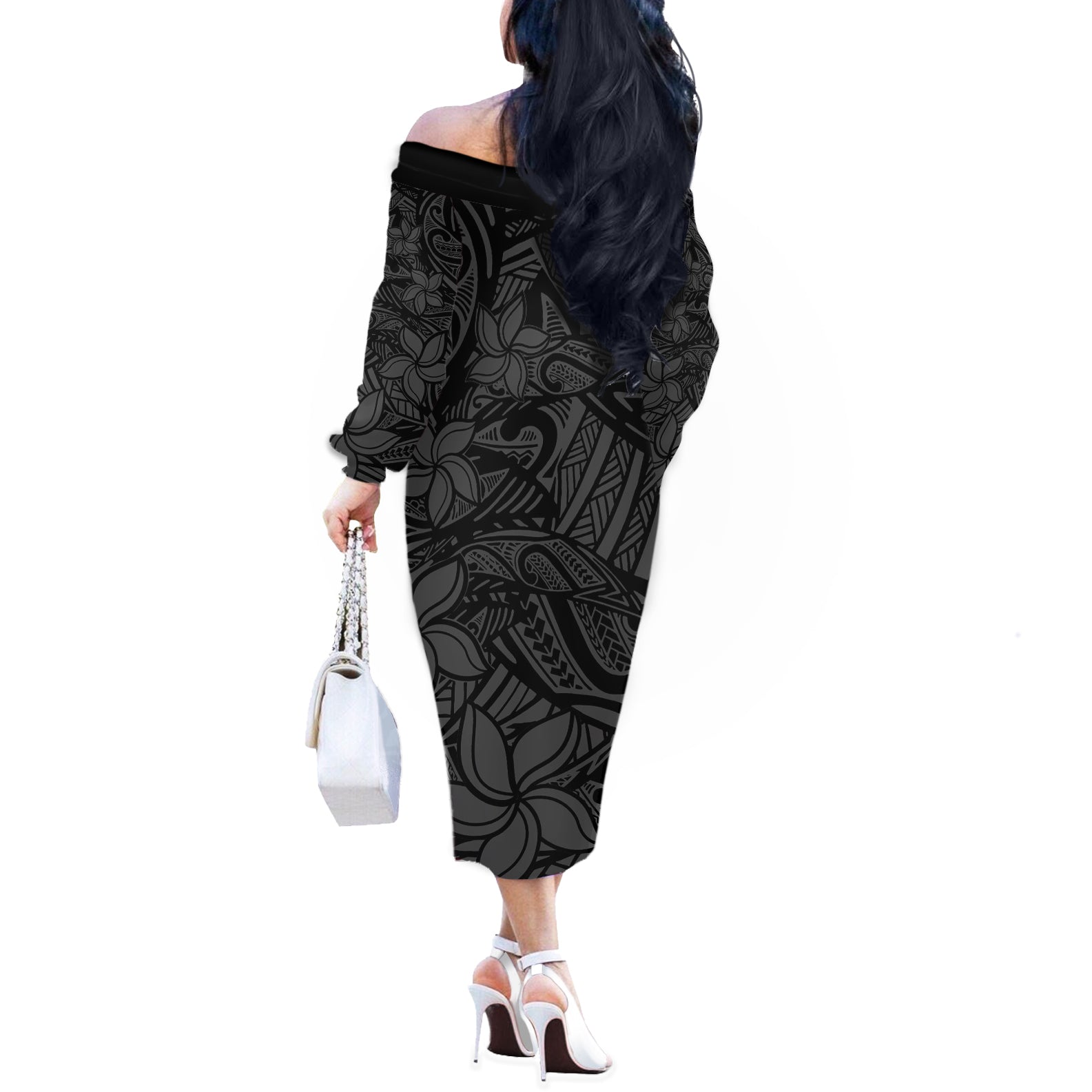 Polynesia Off The Shoulder Long Sleeve Dress Polynesian Pattern Mix Plumeria Black LT14 - Polynesian Pride