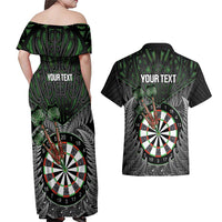 Personalised New Zealand Darts Couples Matching Off Shoulder Maxi Dress and Hawaiian Shirt Dartboard Maori Fern Puhoro Art