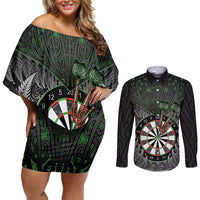 Personalised New Zealand Darts Couples Matching Off Shoulder Short Dress and Long Sleeve Button Shirt Dartboard Maori Fern Puhoro Art