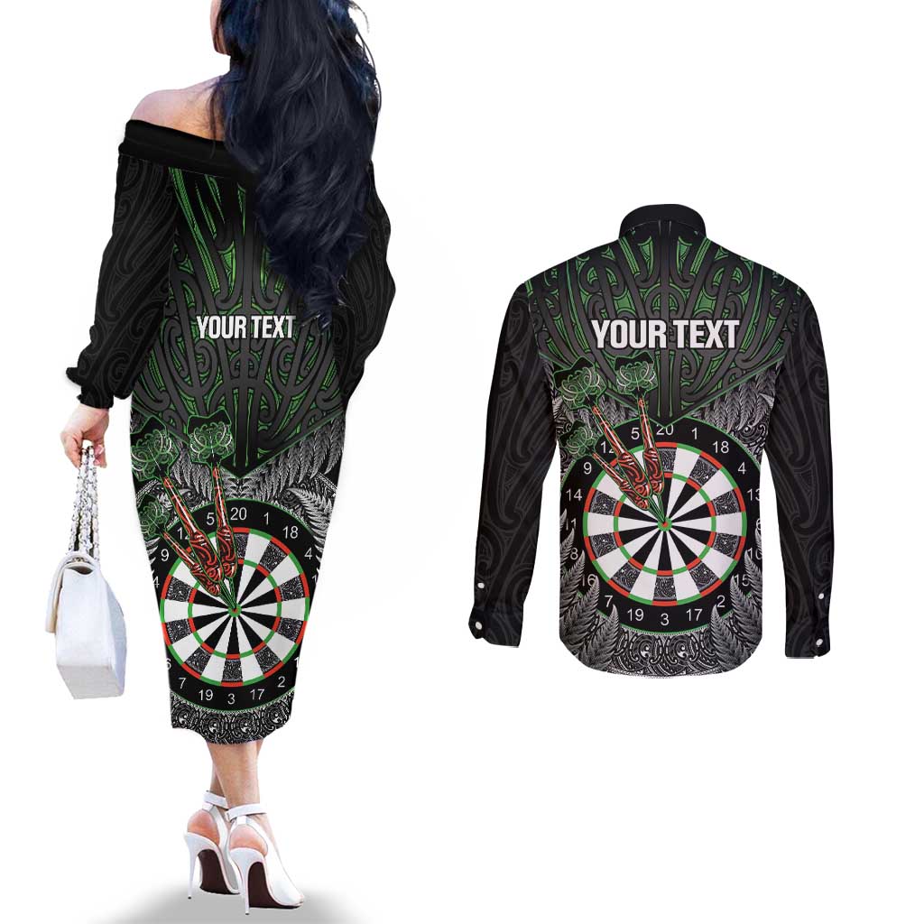 Personalised New Zealand Darts Couples Matching Off The Shoulder Long Sleeve Dress and Long Sleeve Button Shirt Dartboard Maori Fern Puhoro Art