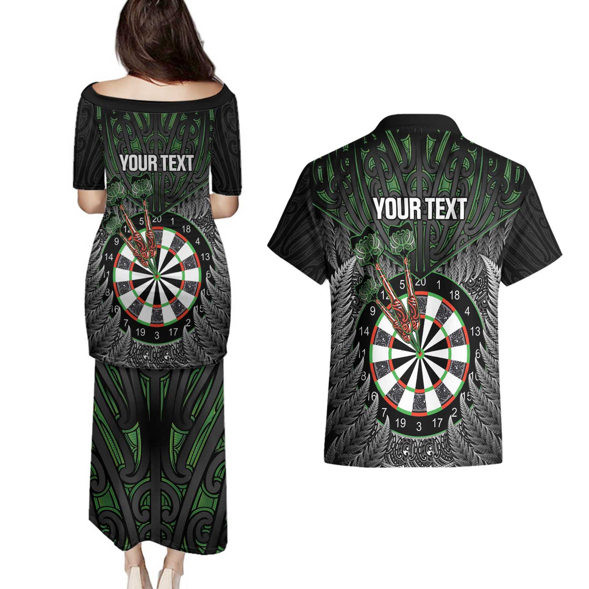 Personalised New Zealand Darts Couples Matching Puletasi and Hawaiian Shirt Dartboard Maori Fern Puhoro Art